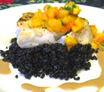 Sea Bass with Papaya-Mango Salsa and Forbidden Black Rice