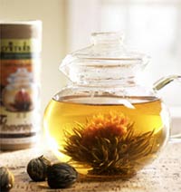 Primula's Green Tea with Jasmine Tea Flowers are blended with jasmine five times and hand-sewn into clusters that unfurl into a bloom when placed in hot water